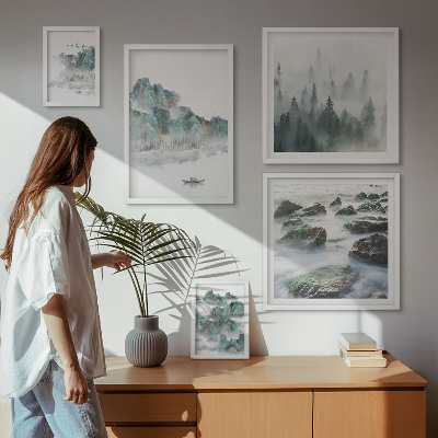 Conjunto de 5 quadros com moldura Paisagens tranquilas com água