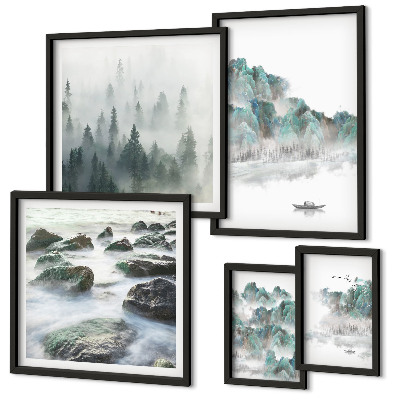 Conjunto de 5 quadros com moldura Paisagens tranquilas com água