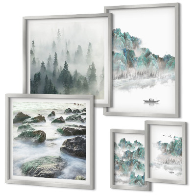 Conjunto de 5 quadros com moldura Paisagens tranquilas com água