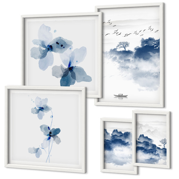 Conjunto de 5 quadros decorativos Paisagens, flores, água, paz