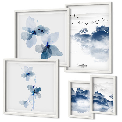 Conjunto de 5 quadros decorativos Paisagens, flores, água, paz