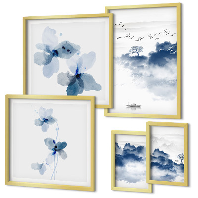 Conjunto de 5 quadros decorativos Paisagens, flores, água, paz