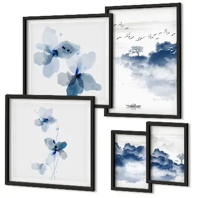 Conjunto de 5 quadros decorativos com paisagens de flores e águas relaxantes