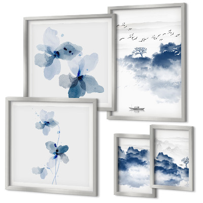 Conjunto de 5 quadros decorativos Paisagens, flores, água, paz