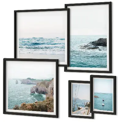 Conjunto de 5 quadros com moldura com vistas tranquilas de mar, praias e falésias