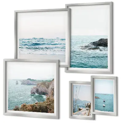 Conjunto de 5 quadros com moldura com vistas tranquilas de mar, praias e falésias
