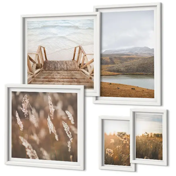 Conjunto de 5 quadros decorativos com paisagens naturais de campo lacustre