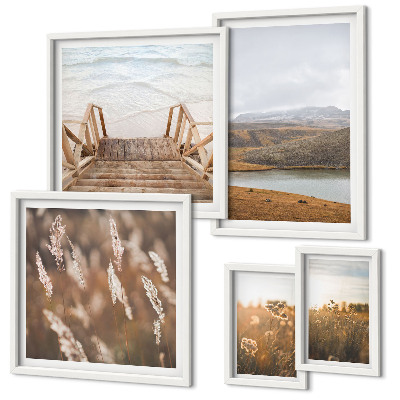 Conjunto de 5 quadros decorativos Paisagens naturais do campo lacustre