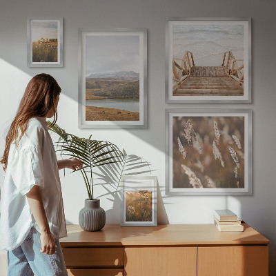 Conjunto de 5 quadros decorativos Paisagens naturais do campo lacustre