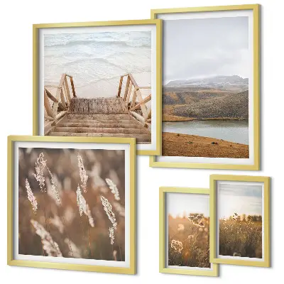 Conjunto de 5 quadros decorativos com paisagens naturais de campo lacustre