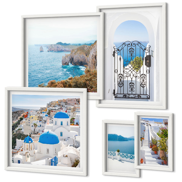 Conjunto de 5 quadros com moldura Casas de Santorini à beira-mar azul