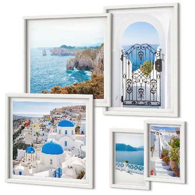Conjunto de 5 quadros com moldura Casas de Santorini à beira-mar azul