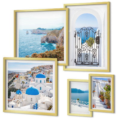 Conjunto de 5 quadros com moldura Casas de Santorini à beira-mar azul
