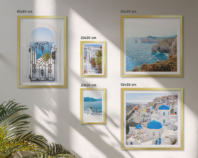 Conjunto de 5 quadros com moldura Casas de Santorini à beira-mar azul