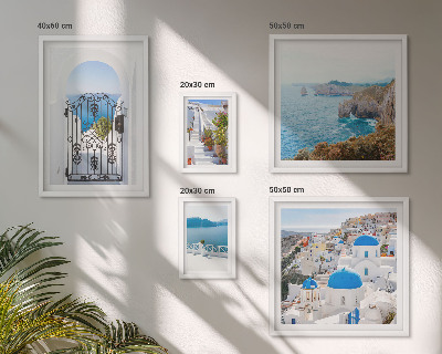 Conjunto de 5 quadros com moldura Casas de Santorini à beira-mar azul