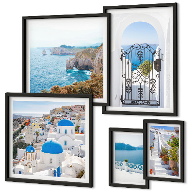 Conjunto de 5 quadros com moldura Casas de Santorini à beira-mar azul