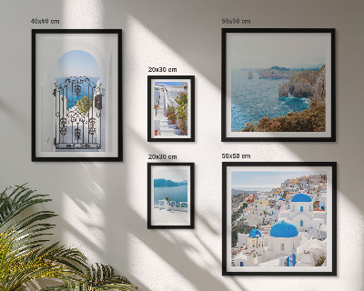 Conjunto de 5 quadros com moldura Casas de Santorini à beira-mar azul