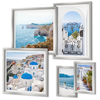 Conjunto de 5 quadros com moldura Casas de Santorini à beira-mar azul