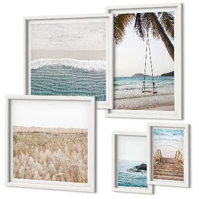 Conjunto de 5 quadros decorativos vistas relaxantes para o mar