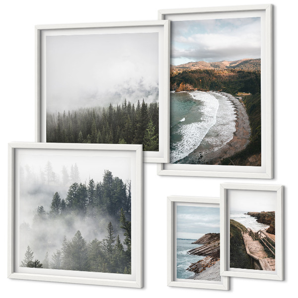 Conjunto de 5 quadros com moldura Paisagens costeiras, florestas de montanha