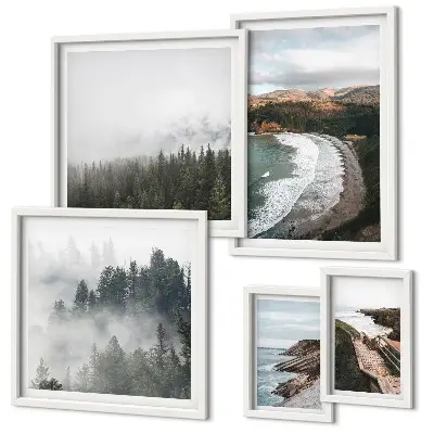 Conjunto de 5 quadros com moldura paisagens costeiras e florestas de montanha