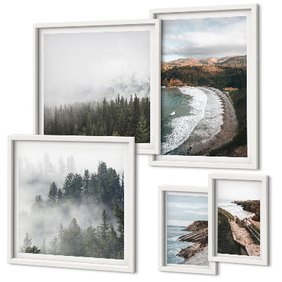 Conjunto de 5 quadros com moldura Paisagens costeiras, florestas de montanha