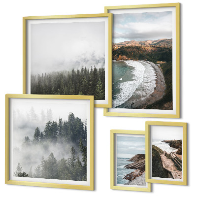 Conjunto de 5 quadros com moldura Paisagens costeiras, florestas de montanha