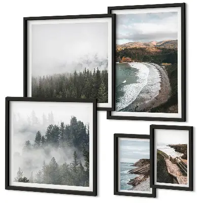Conjunto de 5 quadros com moldura paisagens costeiras e florestas de montanha