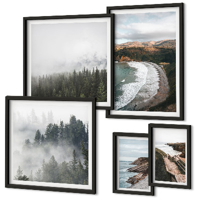 Conjunto de 5 quadros com moldura Paisagens costeiras, florestas de montanha