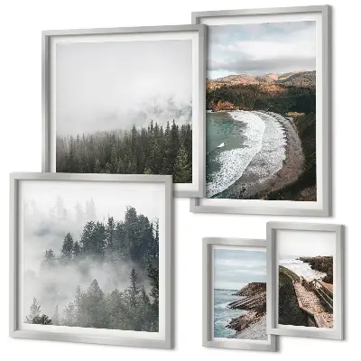 Conjunto de 5 quadros com moldura paisagens costeiras e florestas de montanha