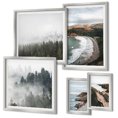 Conjunto de 5 quadros com moldura Paisagens costeiras, florestas de montanha
