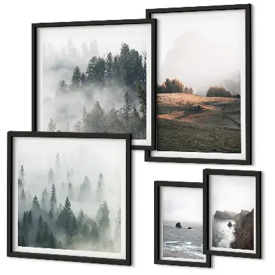 Conjunto de 5 quadros decorativos com vistas naturais da montanha e do mar