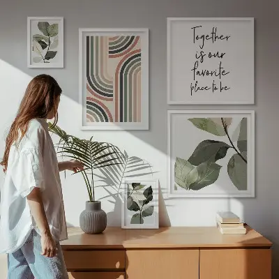 Parede galeria de quadros com geometria e elegantes detalhes florais