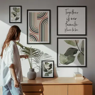 Parede galeria de quadros com geometria e elegantes detalhes florais