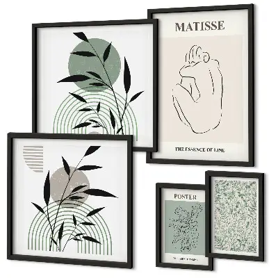 Conjunto de 5 quadros com moldura com estampa de plantas estilizadas