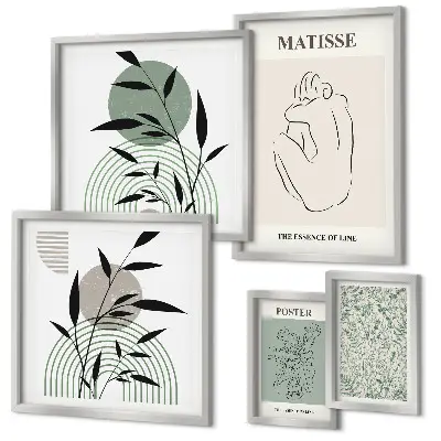 Conjunto de 5 quadros com moldura com estampa de plantas estilizadas
