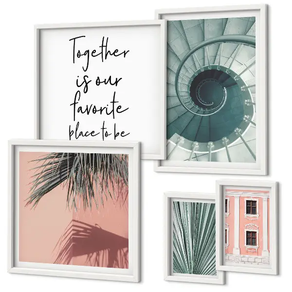 Conjunto de 5 quadros decorativos com estampas de interiores geométricos elegantes