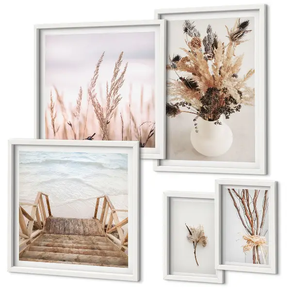 Galeria de quadros para parede com estampas de plantas secas e água em estilo decorativo