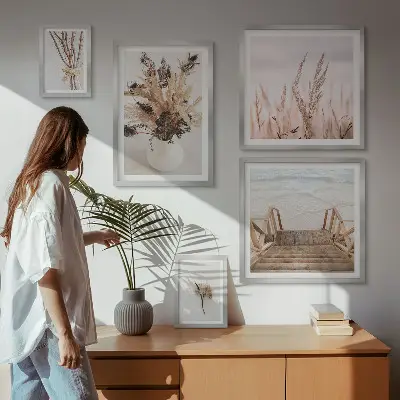 Galeria de quadros para parede com estampas de plantas secas e água em estilo decorativo