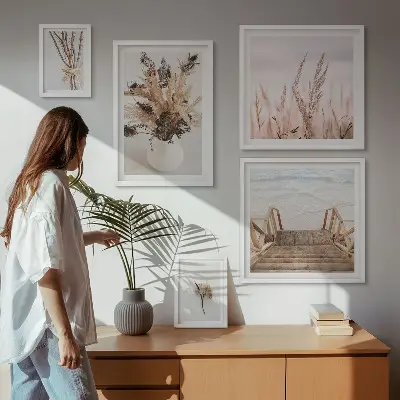 Galeria de quadros para parede com estampas de plantas secas e água em estilo decorativo