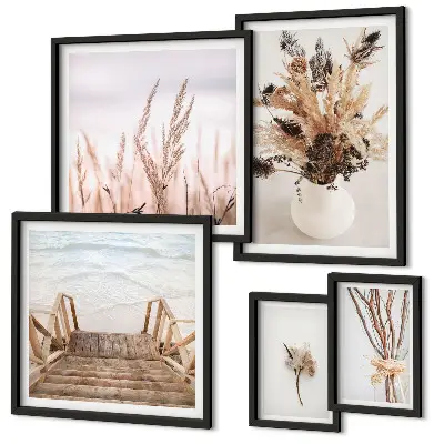Galeria de quadros para parede com estampas de plantas secas e água em estilo decorativo