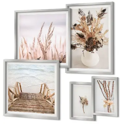 Galeria de quadros para parede com estampas de plantas secas e água em estilo decorativo