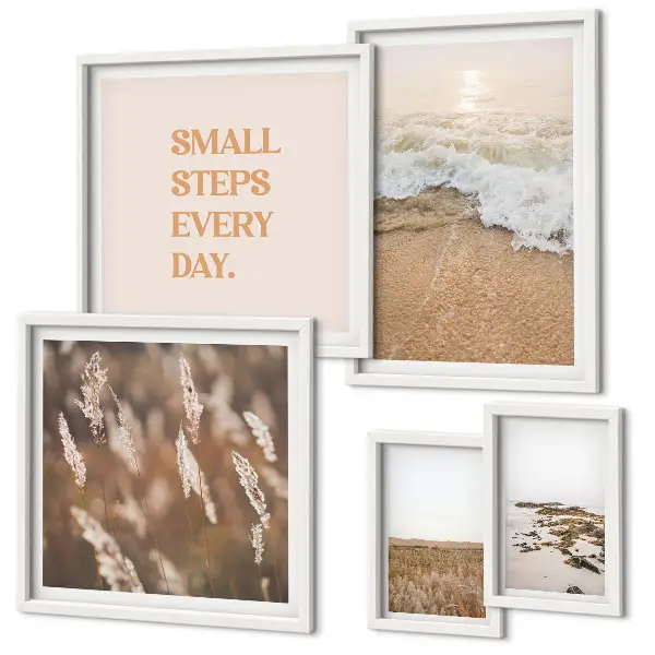 Conjunto de 5 quadros decorativos com frases sobre a vida e paisagens litorâneas