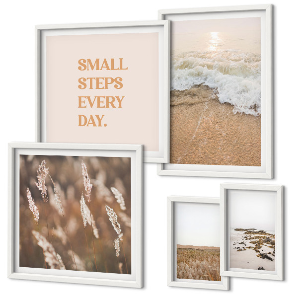 Conjunto de 5 quadros decorativos Frases sobre a vida e paisagens litorâneas