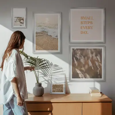 Conjunto de 5 quadros decorativos com frases sobre a vida e paisagens litorâneas