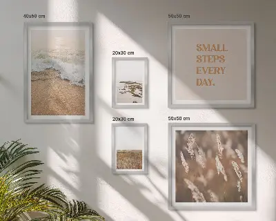 Conjunto de 5 quadros decorativos com frases sobre a vida e paisagens litorâneas