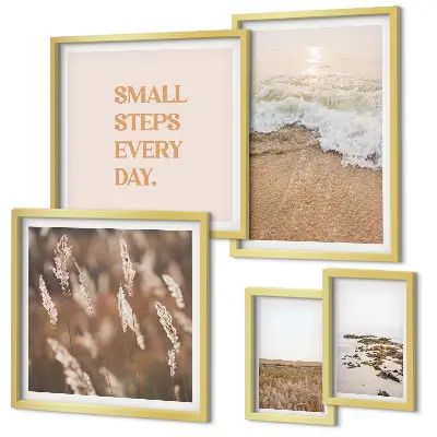 Conjunto de 5 quadros decorativos com frases sobre a vida e paisagens litorâneas