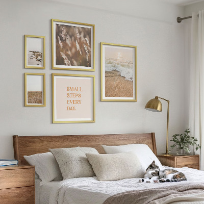 Conjunto de 5 quadros decorativos Frases sobre a vida e paisagens litorâneas