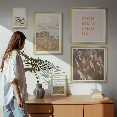 Conjunto de 5 quadros decorativos com frases sobre a vida e paisagens litorâneas