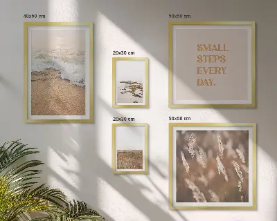 Conjunto de 5 quadros decorativos com frases sobre a vida e paisagens litorâneas